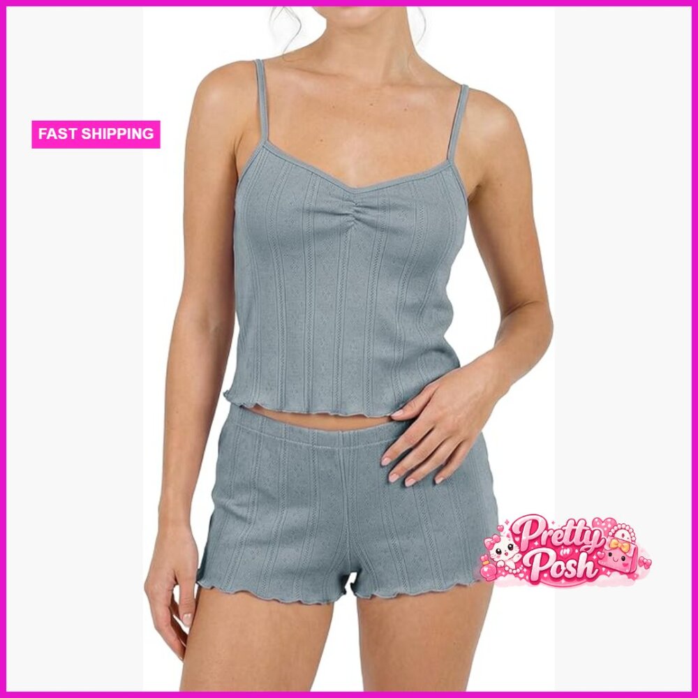 Pointelle Knit Pajama Set With Adjustable Strap Cami And Lettuce Hem Shorts